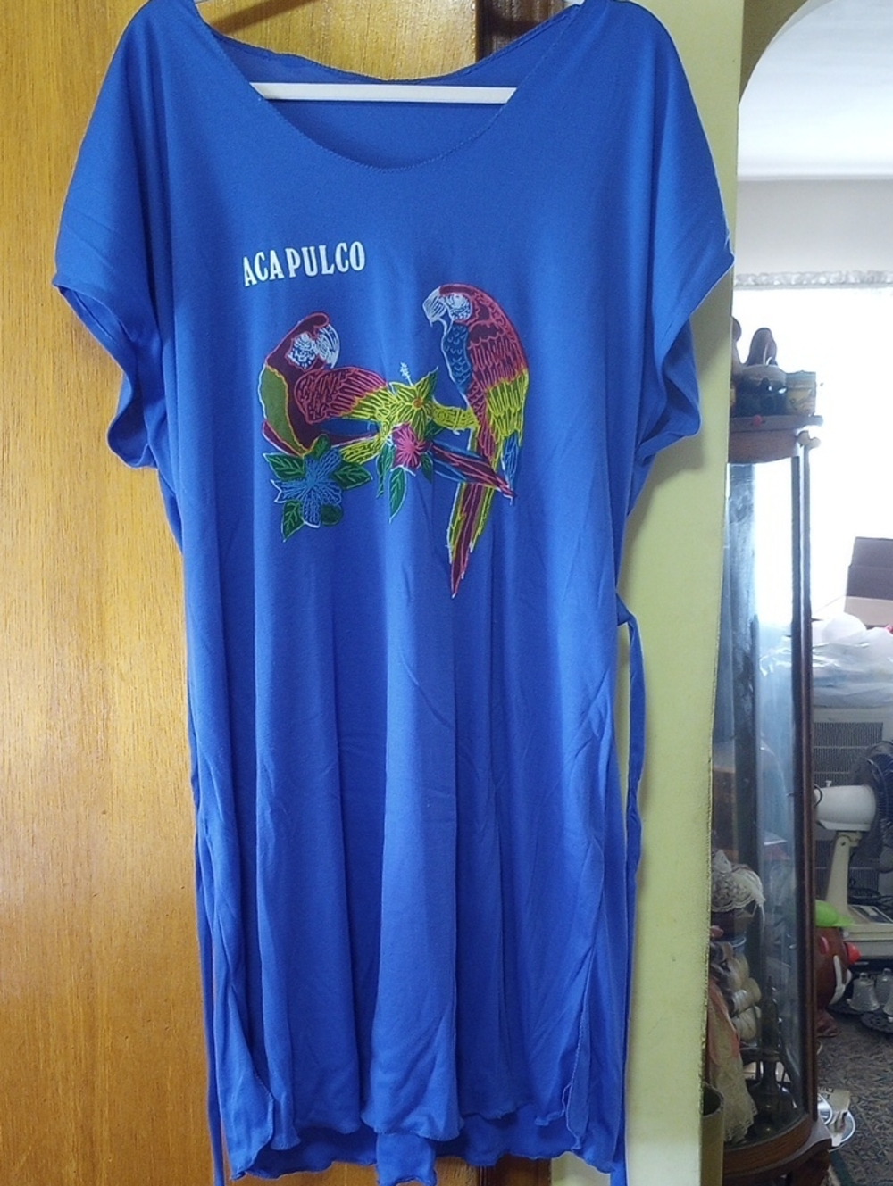 Acapulco Blue Beach Coverup w/ Sash. Colorful Parrots. Green Red Yellow White